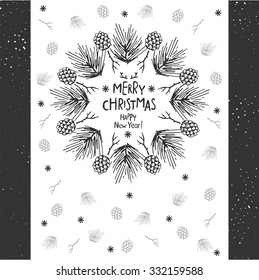 Greeting card for Christmas and the new year. The wreath of cones, pine branches, tree branches, hand writing - Merry Christmas and Happy New Year.