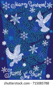 Greeting card for Christmas and New Year with fine linear drawing,