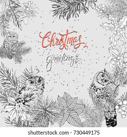 Greeting card with Christmas and New Year calligraphic text. Greeting is a stylish illustration of winter wishes. Suitable for design, cards or posters. Handwritten owls, fir, christmas, holly