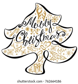 Greeting card with Christmas and New Year, vector illustration. Painted in retro style by hand.