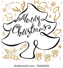Greeting card with Christmas and New Year, vector illustration. Painted in retro style by hand.