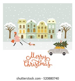 Greeting card, Christmas and New Year's illustration, Merry Christmas lettering