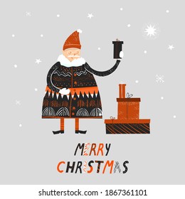 A greeting card with Christmas objects. Santa Claus, snowflakes, presents. Cute flat vector illustration in hand drawn style. Scandinavian style.