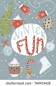 Greeting Card with Christmas objects. Winter FUN lettering. Template for New 2018 Year Cards and Merry Christmas posters