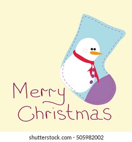 Greeting card with Christmas. On a light background stocking with a picture of a snowman and the words "merry Christmas".