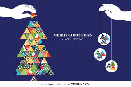 Greeting card with Christmas ornament, fir tree, hand holding hanging garlands. Geometric style. New Year design for social media banner, cover, poster, wallpaper.