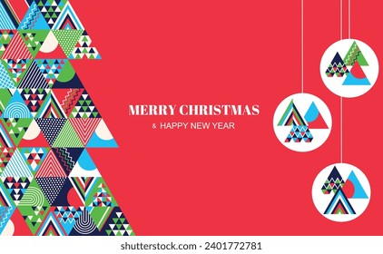 Greeting card with Christmas ornament, fir tree, hand holding hanging garlands. Geometric style. New Year design for social media banner, cover, poster, wallpaper.