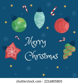 Greeting card for Christmas with ornaments, candies and inscription