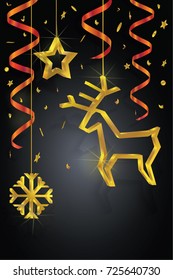 Greeting card with Christmas  ornaments gold deer, snowflake, star and red tape. Vector illustration on black background. Can be used for design flyers, Christmas greeting and invitation cards.