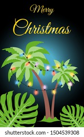 Greeting card for Christmas with palm tree and tropical leaf. Template of banner with luminous garlands for New Year holidays. Isolated vector illustration in flat style. 