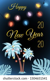 Greeting card for Christmas with palm tree and tropical leaf. Template of banner with luminous garlands for New Year holidays. Isolated vector illustration in flat style. 