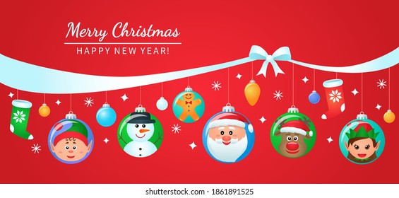 greeting card, Christmas poster or packaging. christmas balls with the faces of santa claus, elf girl, snowman, deer, gingerbread and other decorations with a congratulatory inscription. vector