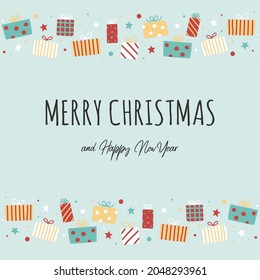 Greeting card with Christmas present boxes and wishes. Vector