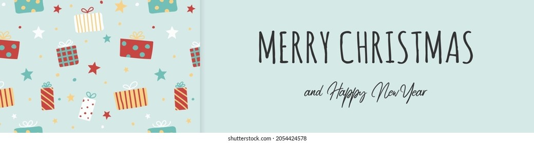 Greeting card with Christmas present boxes and wishes. Vector
