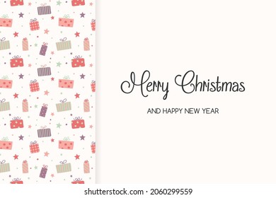 Greeting card with Christmas present boxes and wishes. Vector