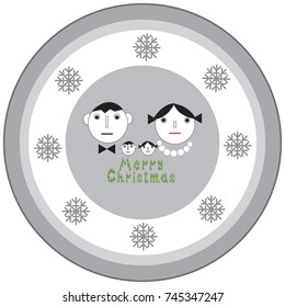 Greeting card with christmas. Prints for design. Button for design. An image of a family and snowflakes. The element for the avatar.