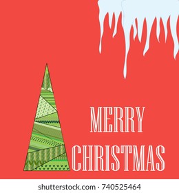 greeting card with christmas. Red background with a fir tree and an inscription. vector illustration