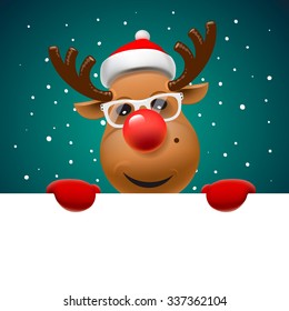 Greeting card, Christmas card with reindeer  holding white page, vector illustration.
