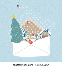 Greeting card, Christmas card with Santa Claus, Christmas tree, house in the wood send greetings in the letter. Vector file in cartoon style