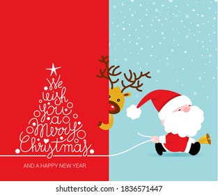 Greeting card, Christmas card with Santa Claus and deer, vector illustration