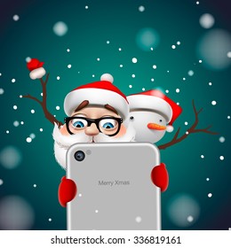 Greeting Card, Christmas Card With Santa Claus And Snowman Holding Smart Phone, Vector Illustration.