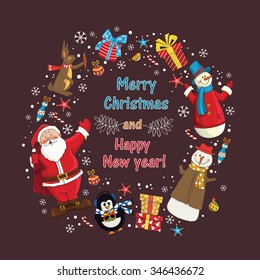 Greeting card, Christmas card with Santa Claus, snowmen, hare, christmas gifts, little bird and other elements.