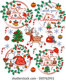 Greeting card, Christmas card with Santa Claus ,deer,snowman,christmas tree. Christmas background with snowflakes. Sketchy vector hand drawn Doodle cartoon set of objects on the Merry Christmas theme.