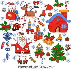 Greeting card, Christmas card with Santa Claus ,deer,snowman,christmas tree. Christmas background with snowflakes. Sketchy vector hand drawn Doodle cartoon set of objects on the Merry Christmas theme.