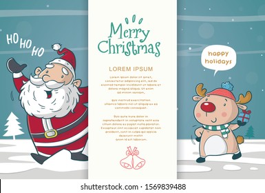 greeting card christmas with santa clause and deer cartoon illustration