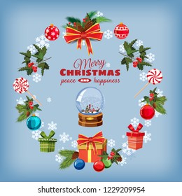 Greeting card Christmas set with pine branches, decorations, candies, ribbons, snow globe, boxes of gifts, Christmas balls. Realistic, flimsy vector elements for design of greeting cards, banners