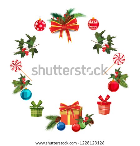 Greeting card Christmas set with pine branches, decorations, candies, ribbons, boxes of gifts, Christmas balls. Realistic, flimsy vector elements for design of greeting cards, banners, isolated