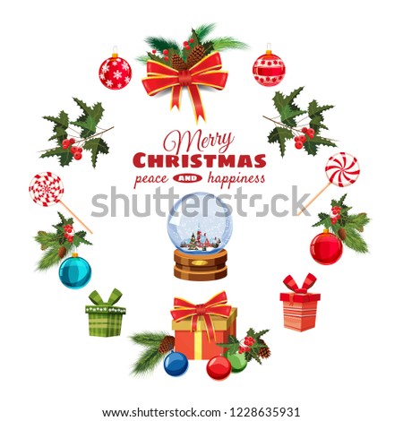 Greeting card Christmas set with pine branches, decorations, candies, ribbons, snow globe, boxes of gifts, Christmas balls. Realistic, flimsy vector elements for design of greeting cards, banners