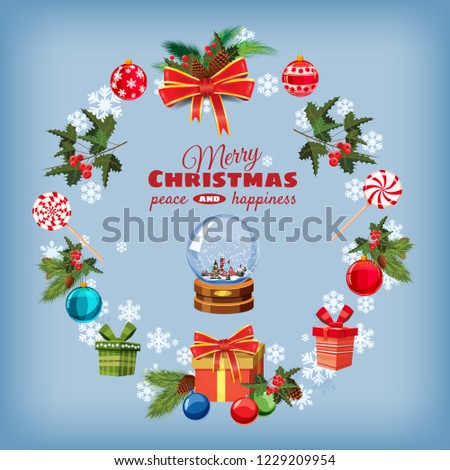 Greeting card Christmas set with pine branches, decorations, candies, ribbons, snow globe, boxes of gifts, Christmas balls. Realistic, flimsy vector elements for design of greeting cards, banners