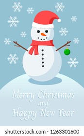 Greeting card with a christmas snowman . Vector illustration
