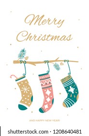 Greeting card with Christmas socks. Vector illustration in cartoon style.