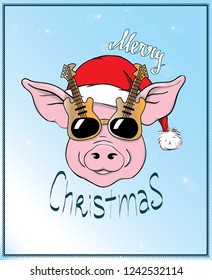 Greeting card, Christmas sticker, Vector Christmas illustration of Pig in Santa's hat and in disco guitar glasses. Lettering Merry Christmas. Hand drawn