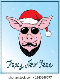 Greeting card, Christmas sticker, Vector Christmas illustration of Pig in Santa's hat and in sunglasses. Pig illustration as Hipster Santa. Lettering Happy New Year. Hand drawn