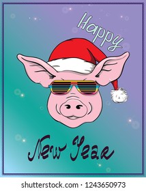 Greeting card, Christmas sticker, Vector Christmas illustration of Pig in disco glasses and Santa's hat. Lettering Happy New Year. Hand drawn