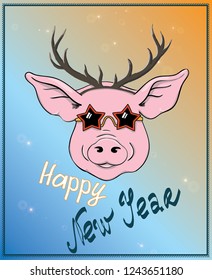 Greeting card, Christmas sticker, Vector Christmas illustration of Pig in disco star glasses and reindeer horns. Lettering Happy New Year. Hand drawn