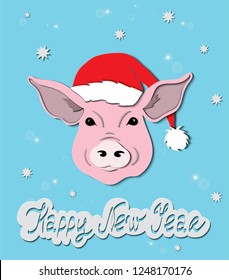 Greeting card, Christmas sticker, Vector Christmas illustration of Pig in Santa's hat. Lettering Happy New Year. Hand drawn. Paper cut design