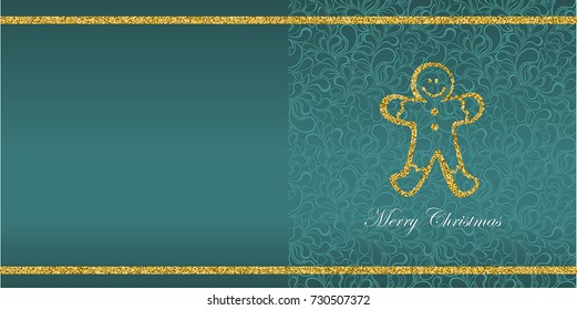 Greeting card with Christmas symbol from gold sequins and the inscription Merry Christmas. Floral background pattern. Glamour swirles. EPS10 Vector. Gingerbread Man.