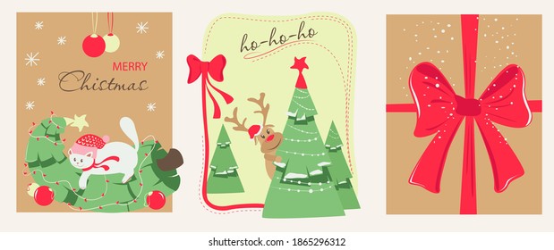 Greeting card for Christmas. Christmas text in empty space. Set of greeting cards with New Year quote text for poster templates, postcard design. Vector illustration