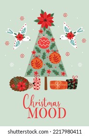Greeting card with Christmas tree and animals