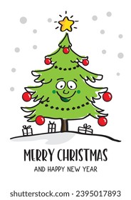 Greeting Card with Christmas Tree Character vector illustration - Christmas card with cheerful Christmas tree and presents in cartoon style 