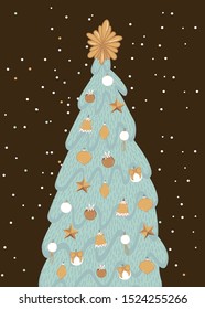 greeting card with Christmas tree with colorful ornaments and  on brown