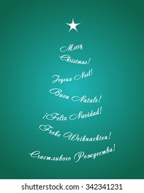 Greeting card with Christmas tree consisting of the phrases "Merry Christmas" in five languages of Europe (English, French, Italian, Spanish, German and Russian)
