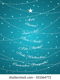Greeting card with Christmas tree consisting of the phrases "Merry Christmas" in the form of a garland in six languages of Europe (English, French, Italian, Spanish, German and Russian)