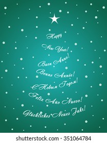 Greeting card with Christmas tree consisting of the phrases "Happy new year" in the form of a garland in six languages of Europe (English, French, Italian, Spanish, German and Russian)