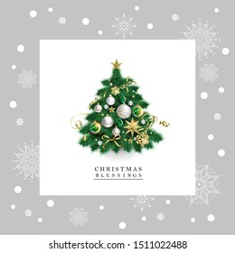 Greeting card with Christmas tree decorated with green and white balls,golden stars and snowflakes ,3D effect