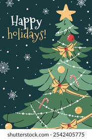 Greeting card with a Christmas tree decorated with garland, bows, and a star on a green background with snowflakes in a flat cartoon style. Vector illustration for Christmas poster, banner.